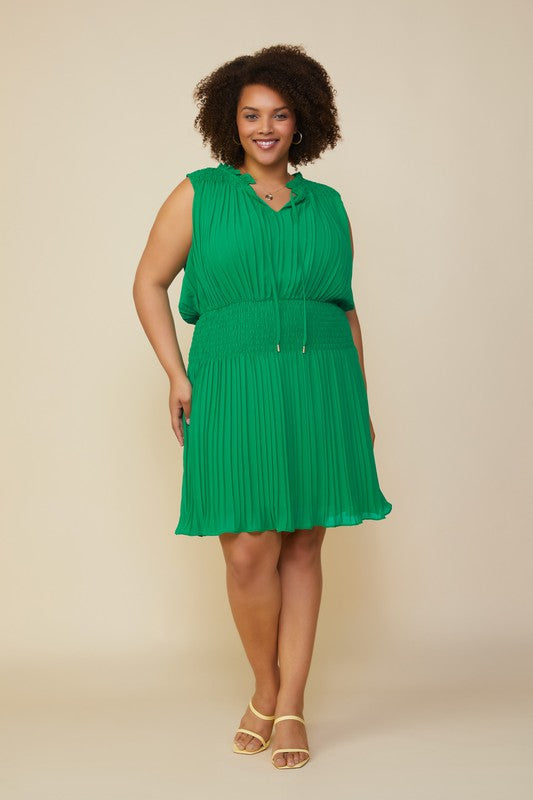 Green Pleated Smocked Dress