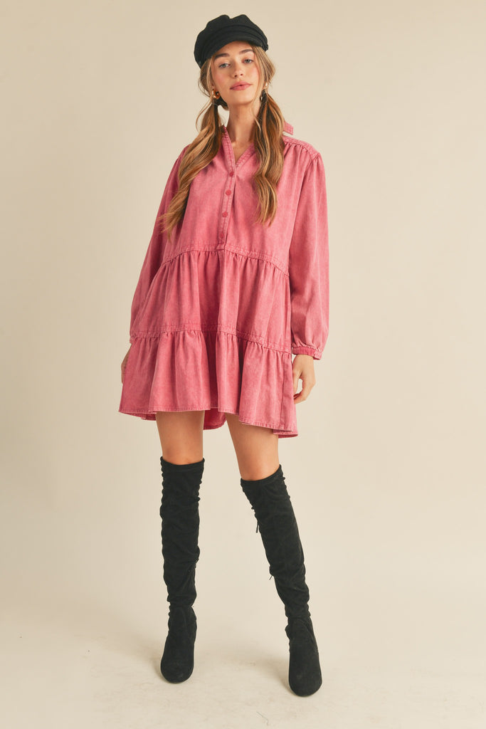 pink washed denim dress Hot Pink Washed Denim V-Neck Dress