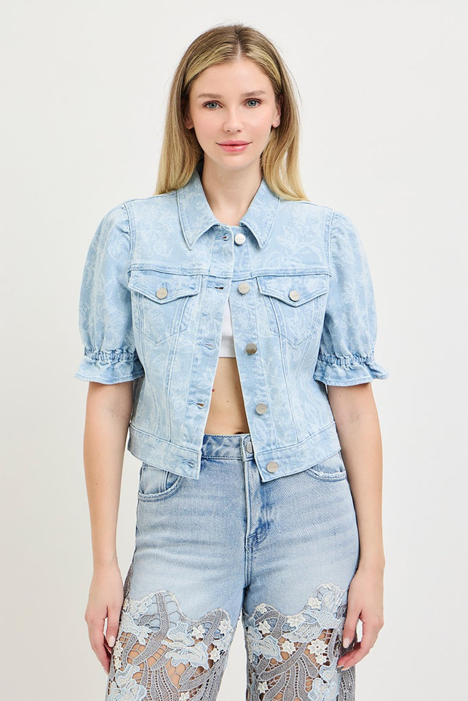 Floral Puff Sleeve Denim Jacket – Striped Box Boutique
