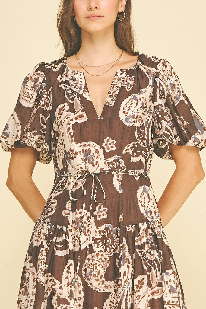 Brown Paisley Puff Sleeve Dress – Striped Box Boutique