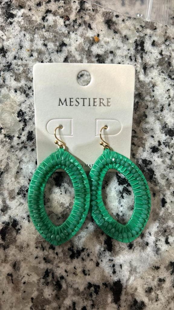 Green Raffia Oval Earrings