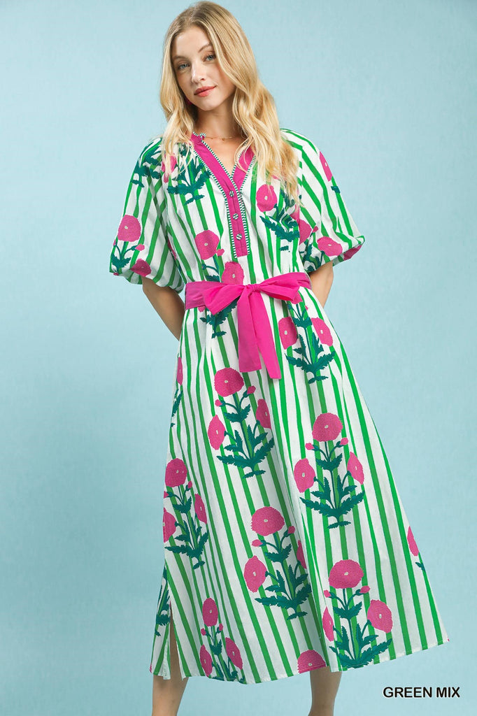 Green Stripe Floral Pop Dress Green Stripe Floral Pop Dress