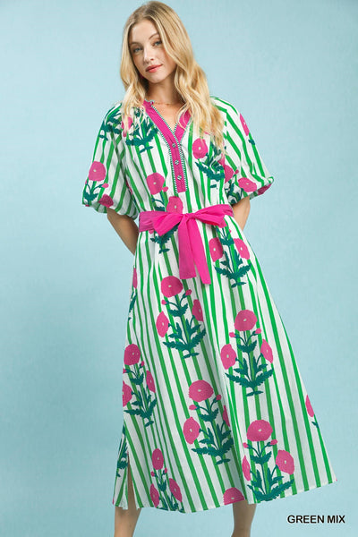 Green Stripe Floral Pop Dress