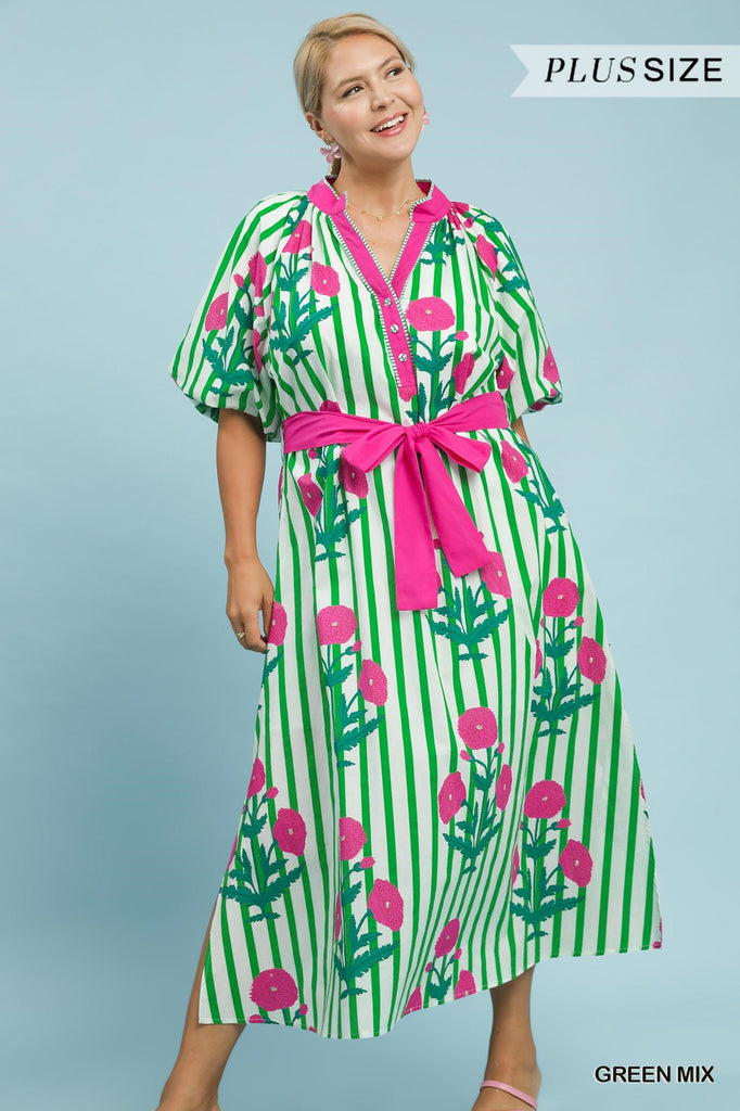 Green Stripe Floral Pop Dress