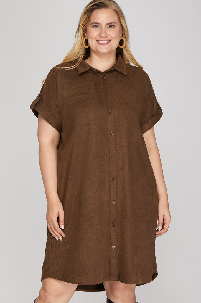 Brown Faux Suede Shirt Dress – Striped Box Boutique