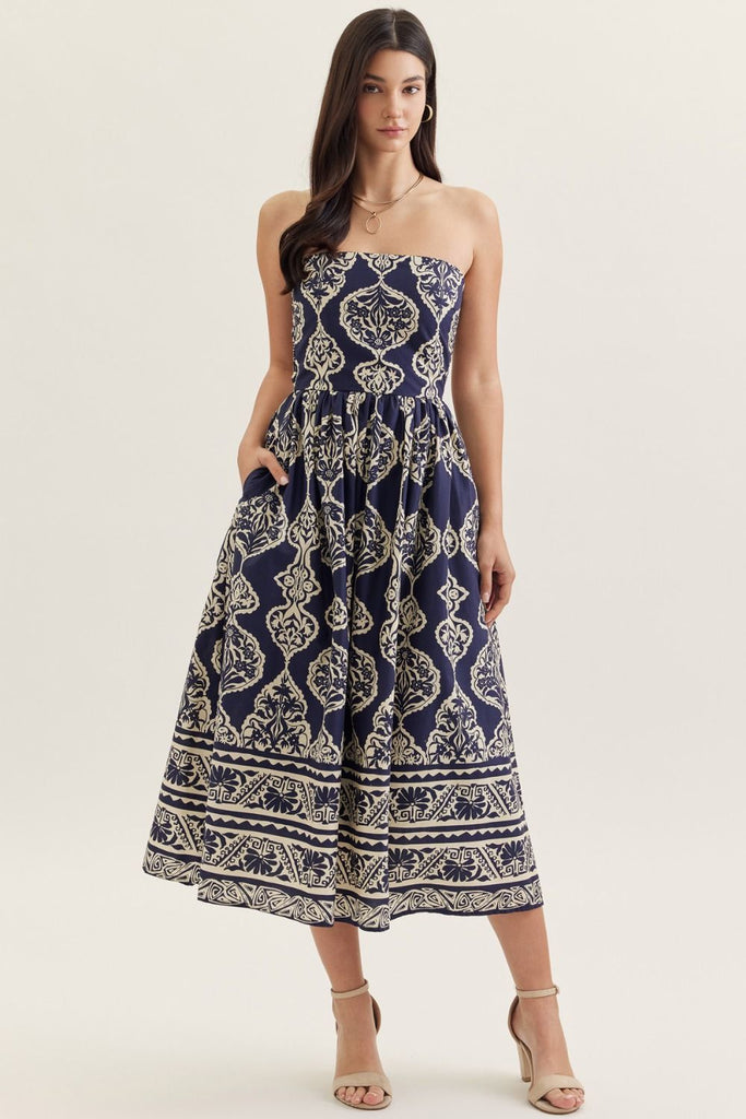 Navy Damask Print Dress