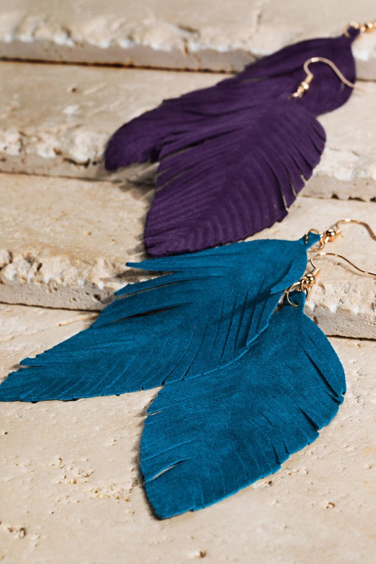 4" Leather Feather Statement Earrings, Many Colors