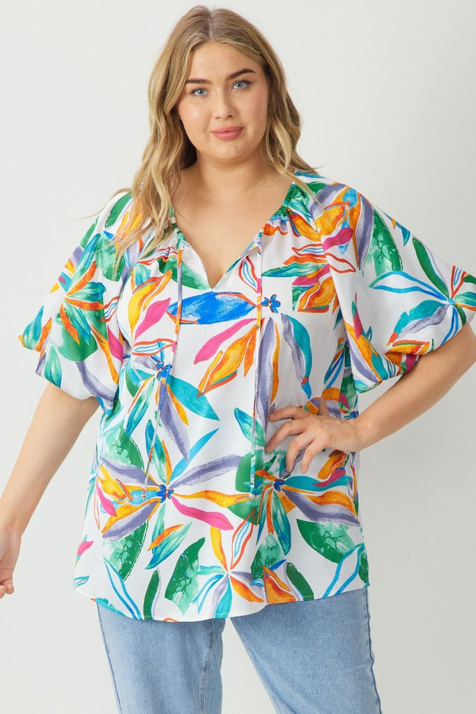 Ivory Tropical Floral Puff Sleeve