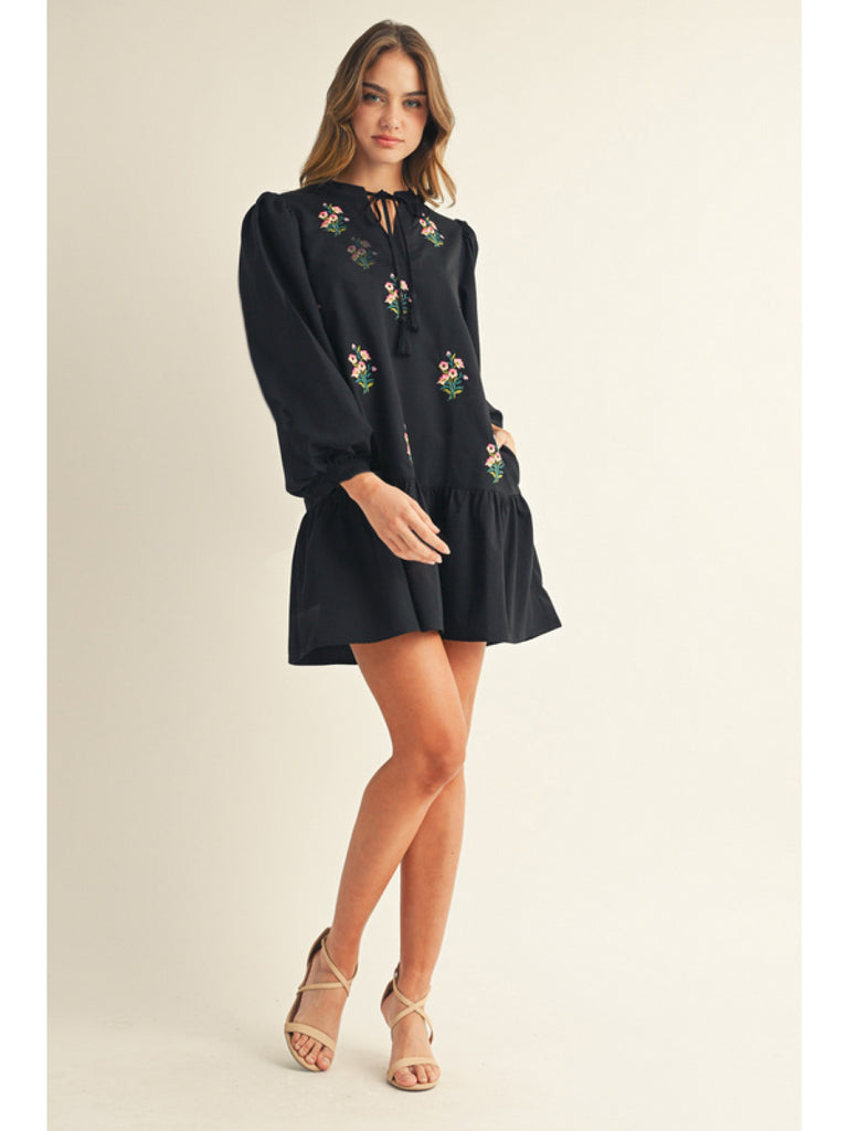 Black Embroidered Floral Dress