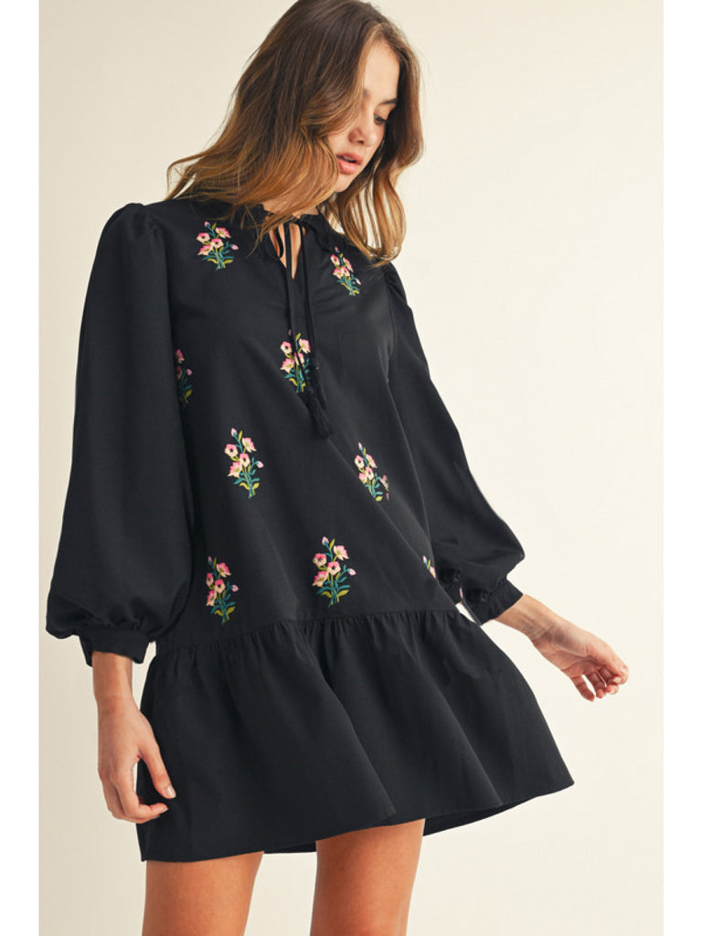 Black Embroidered Floral Dress