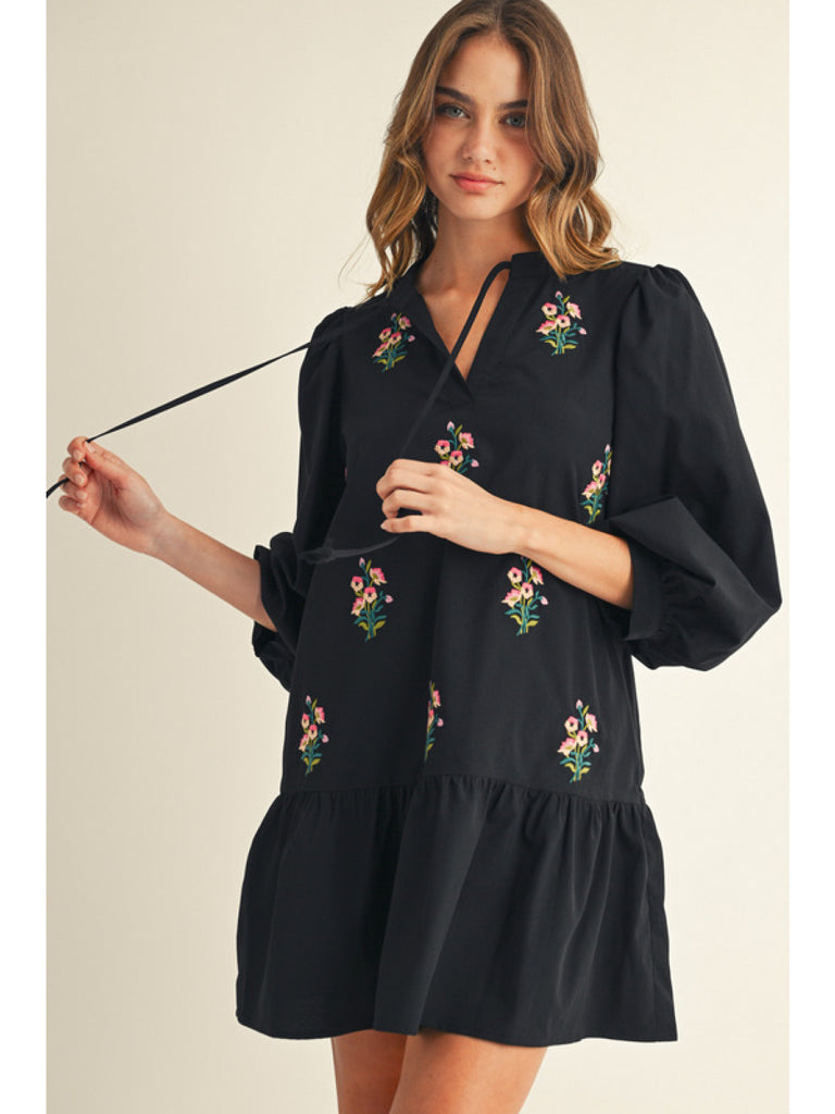 Black Embroidered Floral Dress
