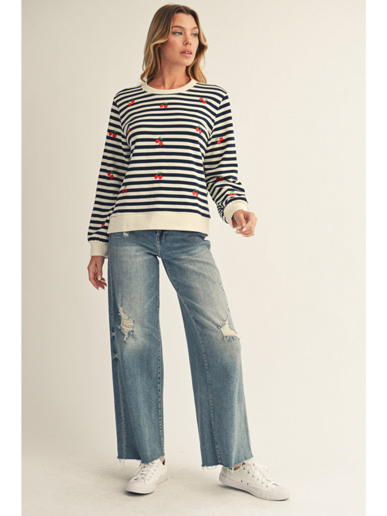 Navy Stripe Cherry Sweatshirt