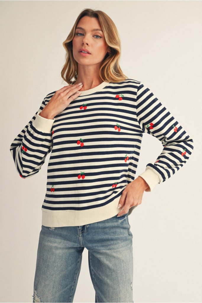 Navy Stripe Cherry Sweatshirt