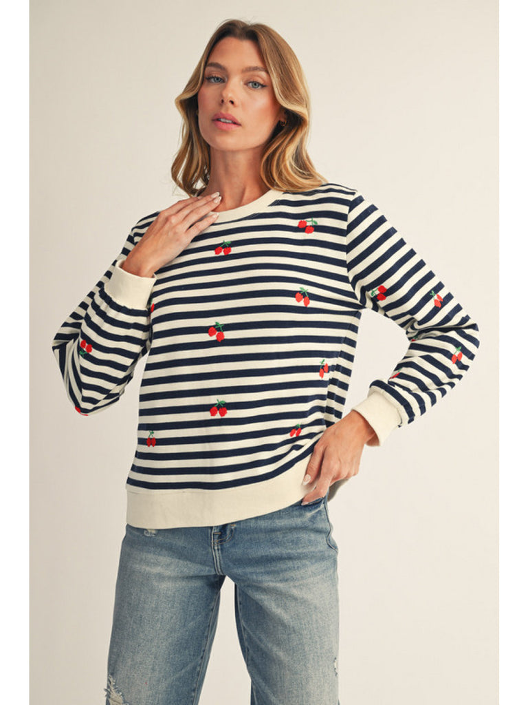 Navy Stripe Cherry Sweatshirt