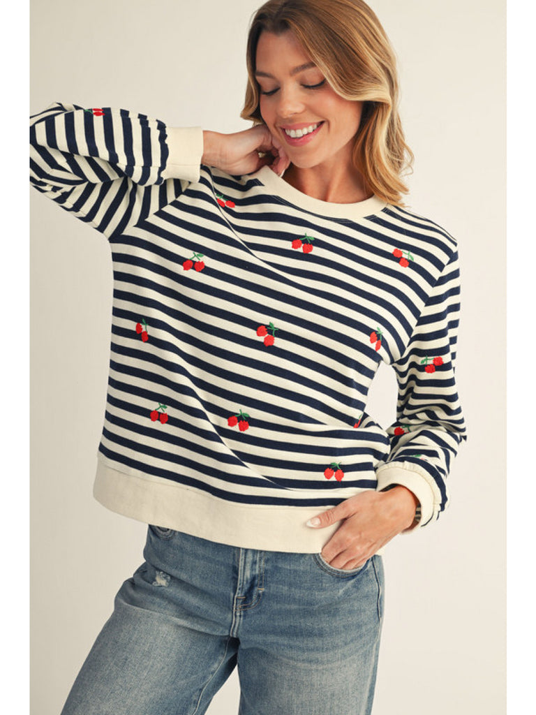 Navy Stripe Cherry Sweatshirt