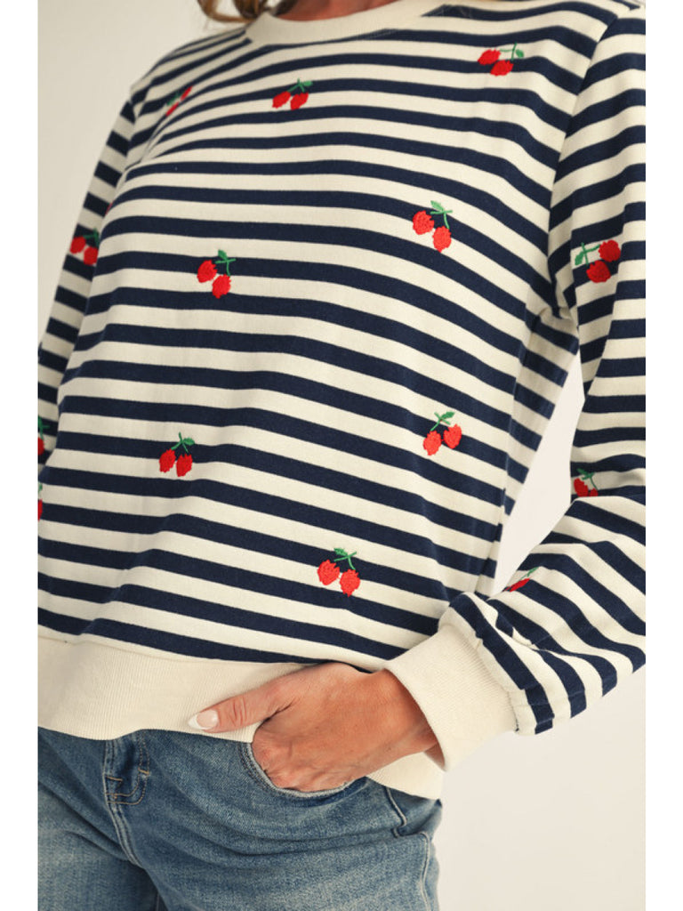 Navy Stripe Cherry Sweatshirt
