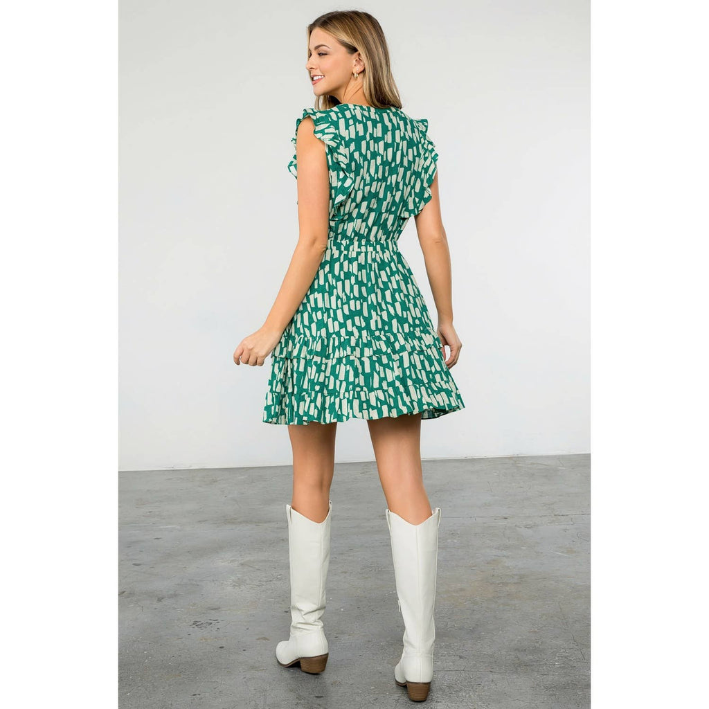 Green Abstract Ruffle Dress