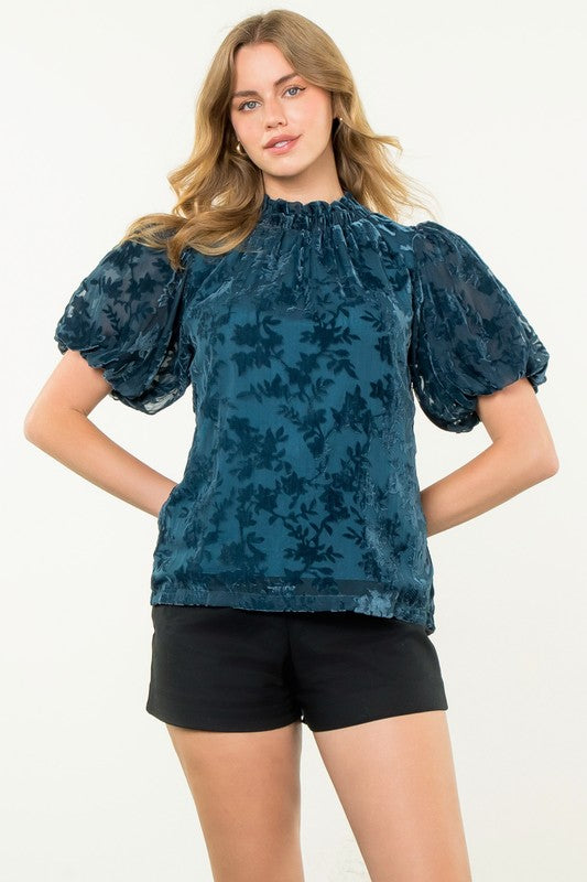 Floral Velvet Burnout Puff Sleeve Top