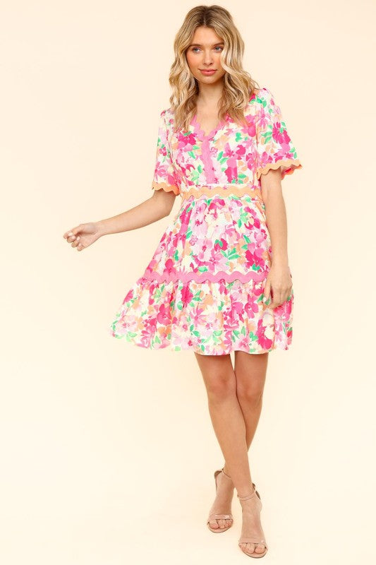 pink ric rac dress Pretty in pinkThe Sweetheart Ric Rac Dress is made for summer fun! Featuring a vibrant hot pink base, white ric rac trim, puff sleeves, a flattering belt cinch waist, and a classic button down