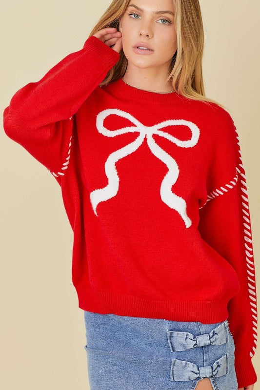 Red Stitched Bow Sweater