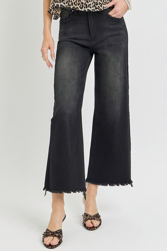 Black High Rise Frayed Hem Flare Jeans