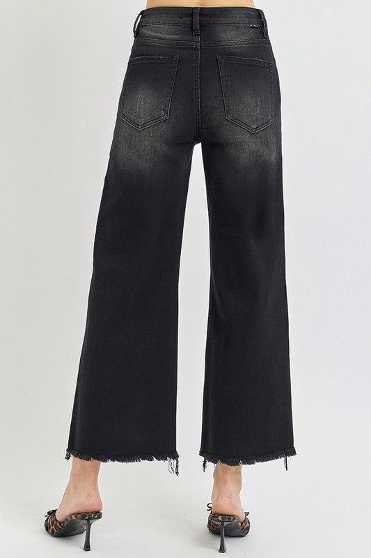 Black High Rise Frayed Hem Flare Jeans