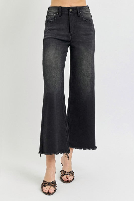 Black High Rise Frayed Hem Flare Jeans