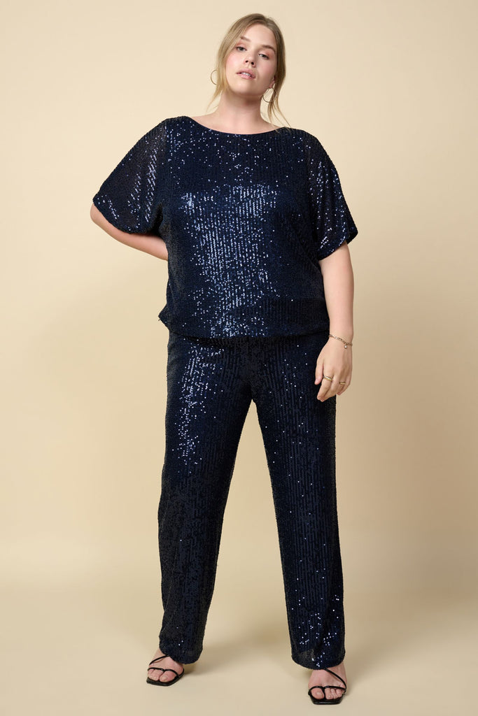 Navy Sequin Batwing Top