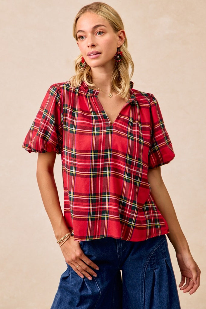 Red Plaid Puff Sleeve Top