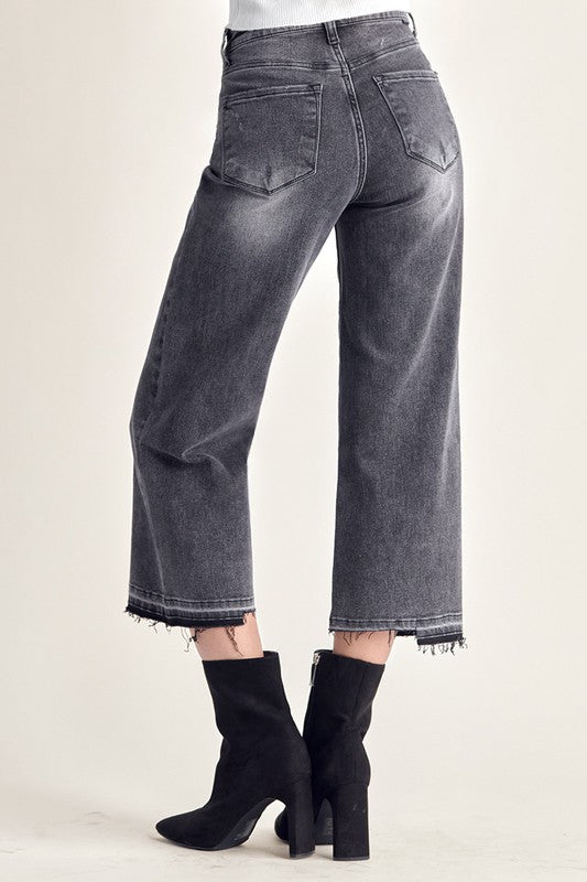 Dark Grey High Rise Uneven Hem Denim