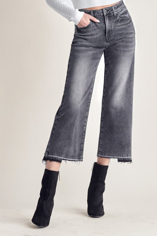 Dark Grey High Rise Uneven Hem Denim