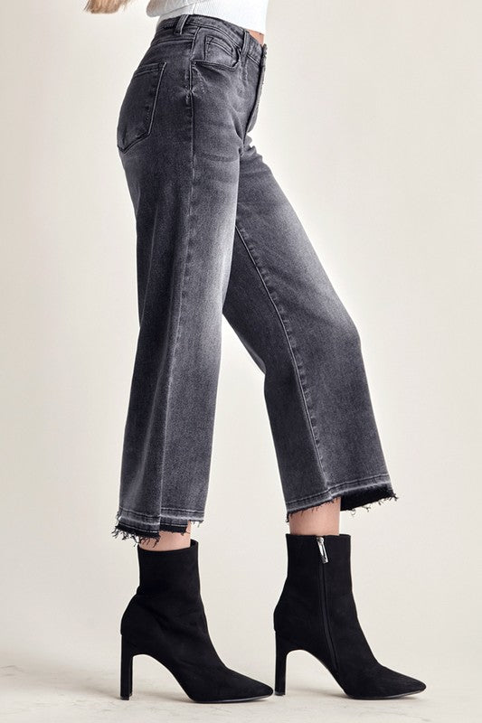 Dark Grey High Rise Uneven Hem Denim