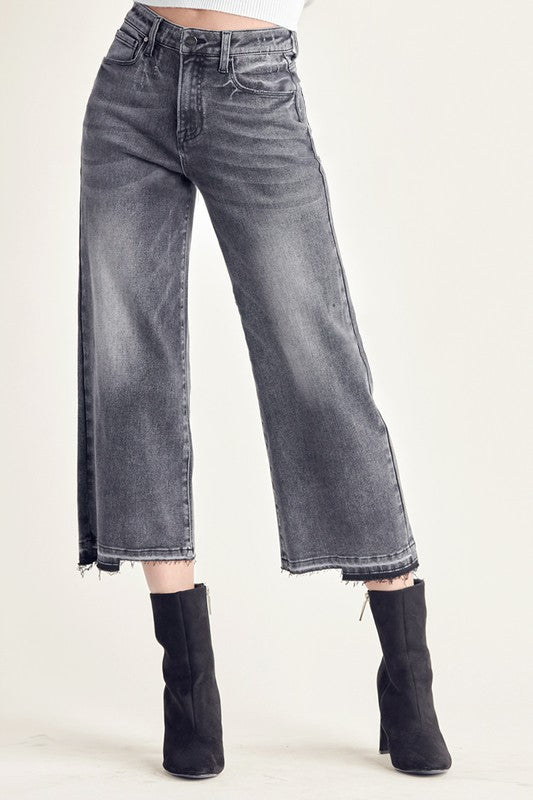 Dark Grey High Rise Uneven Hem Denim