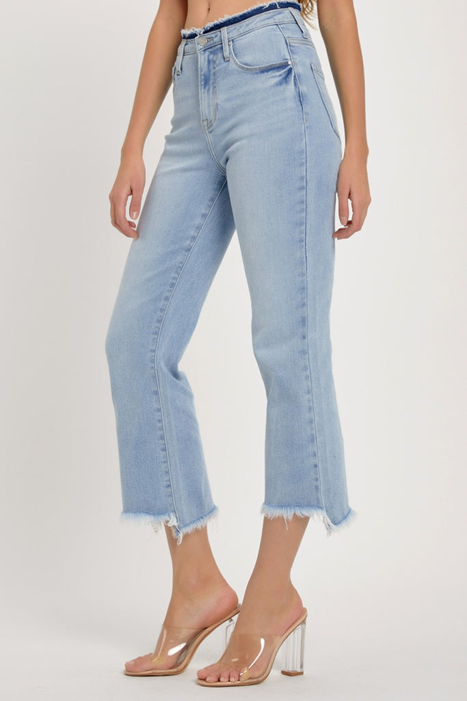 Light Wash High Rise Crop Flare Denim