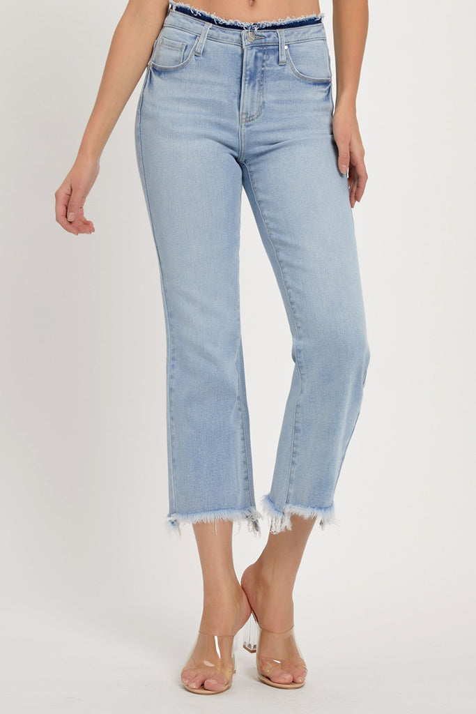 Light Wash High Rise Crop Flare Denim