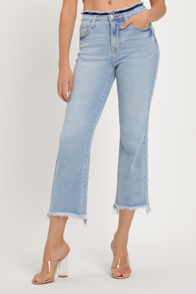 Light Wash High Rise Crop Flare Denim