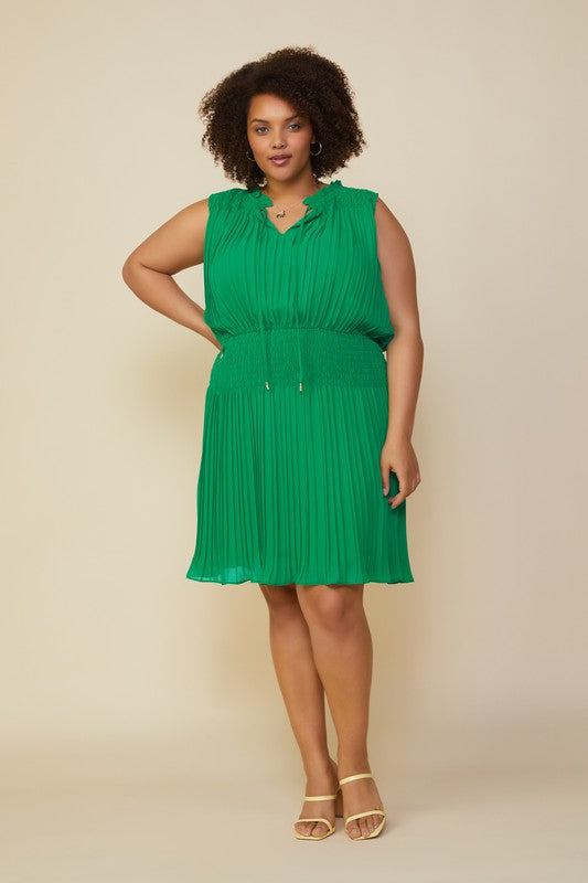Green Pleated Smocked Dress