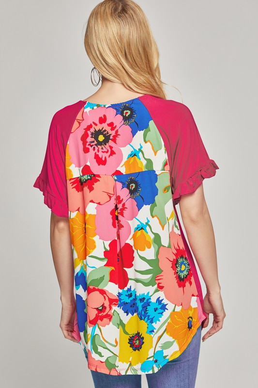 Floral Back Ruffle Sleeve Top