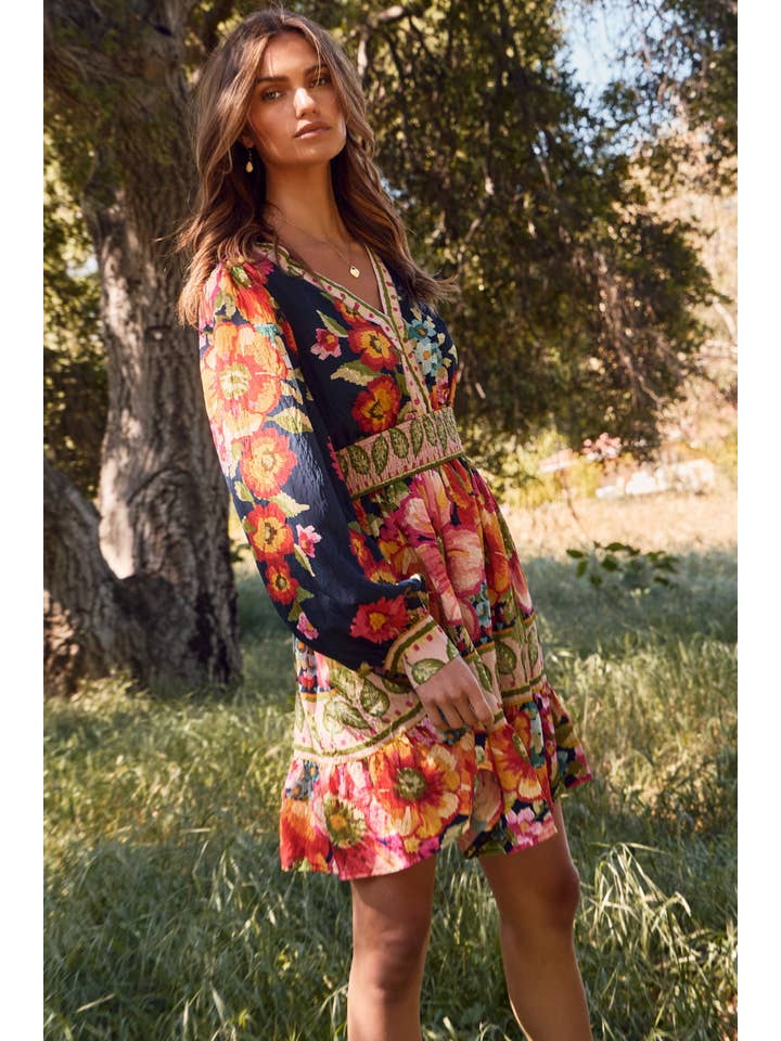 Navy Bold Floral Long Sleeve Dress