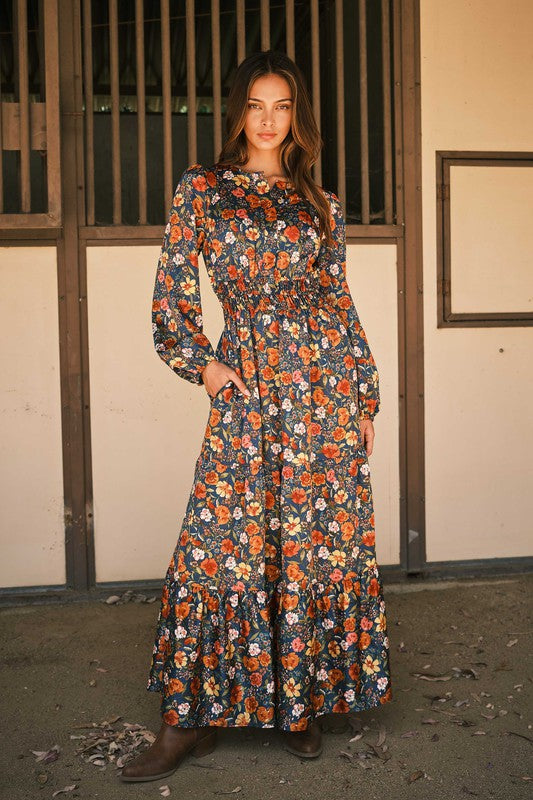 chinese dress ladies Vintage Floral Print Flutter Sleeve Maxi Dress / The Emerald Fox Boutique Black/Fuchsia / S