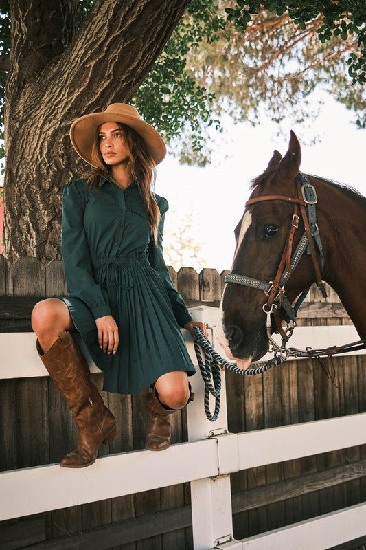 emerald green dress with cowboy boots Hunter Pleated Poplin Dress Medium