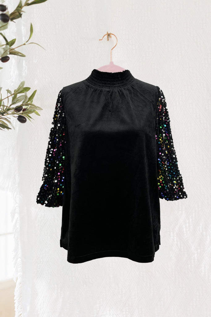 Black Sequin Mock Neck Blouse