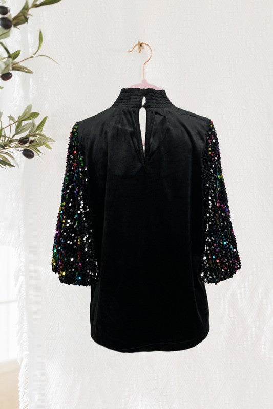 Black Sequin Mock Neck Blouse