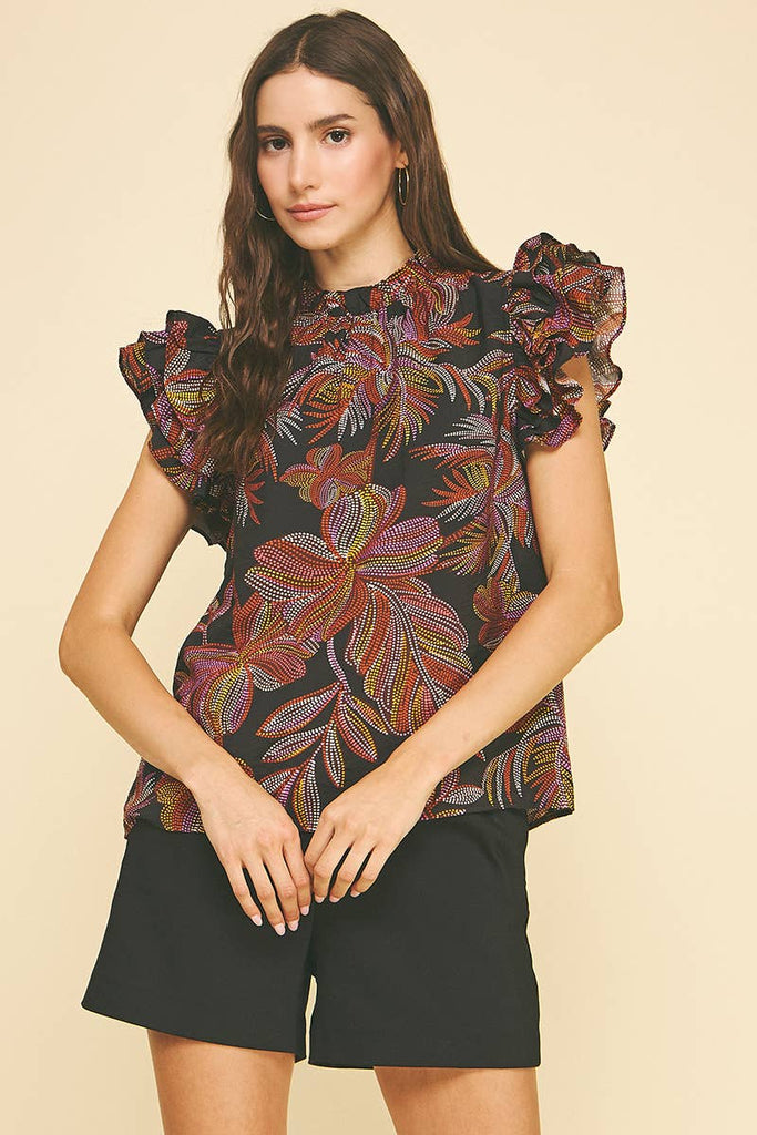 Leaf Print Ruffle Top