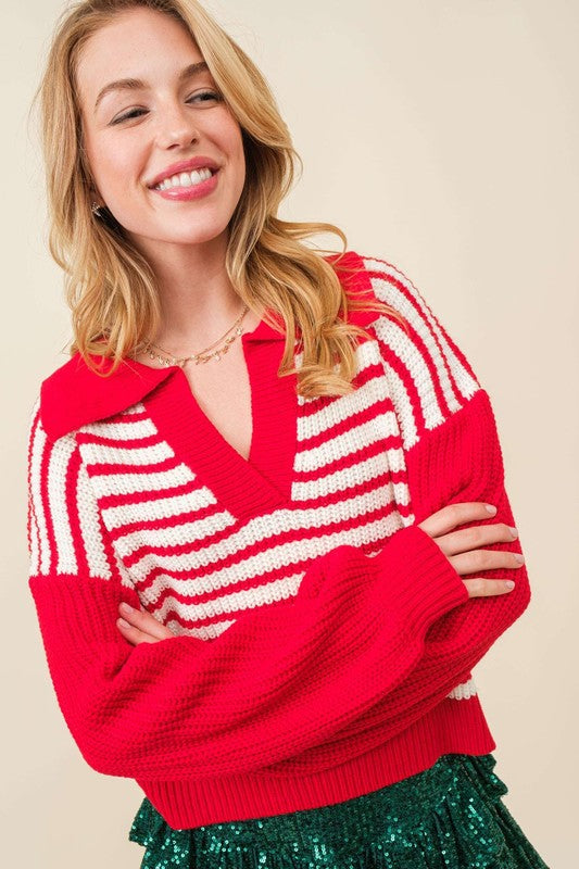 Red & White Striped Collared Sweater