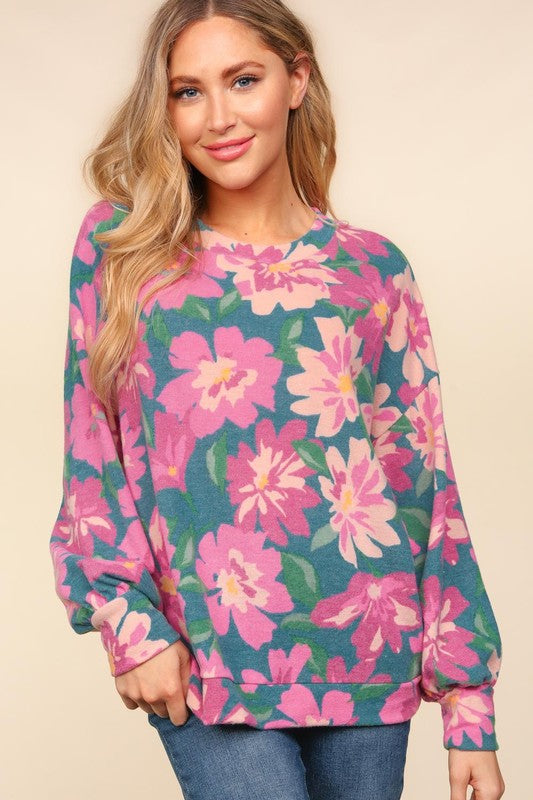 Teal Floral Long Sleeve Top