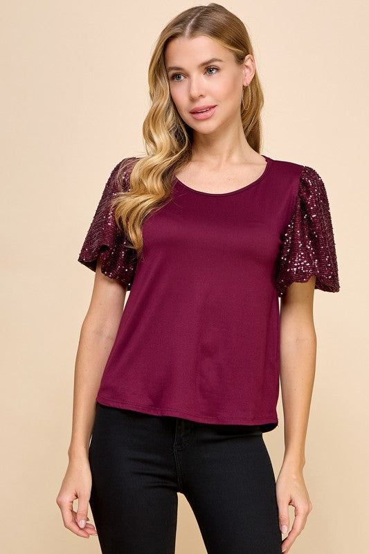 Burgundy Sequin Sleeve Top