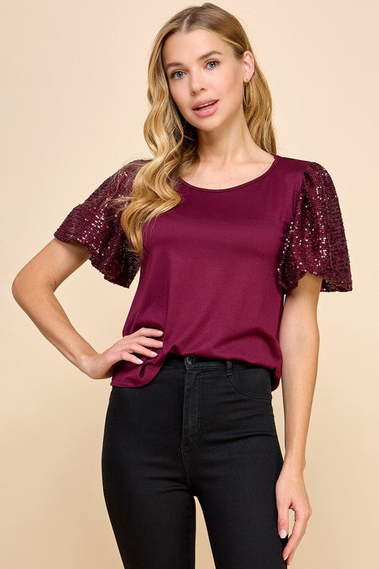 Burgundy Sequin Sleeve Top