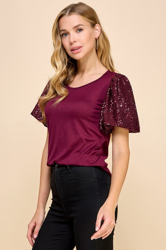 Burgundy Sequin Sleeve Top