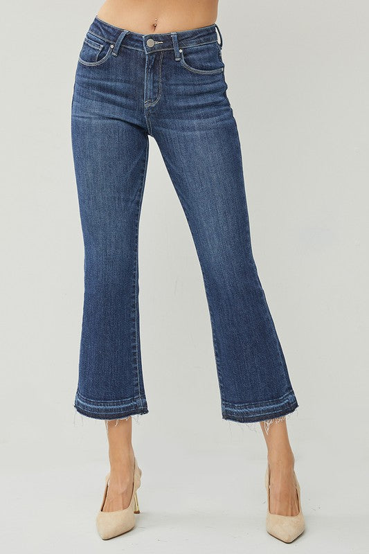 Dark Wash Mid Rise Crop Flare Denim